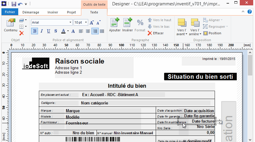 Modèle d'impression pour les fiches de biens - Personnalisation - Inventif - iodeSoft